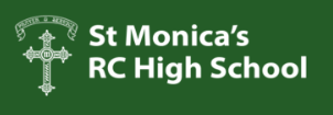 text logo for st monicas high in white with cross on green background