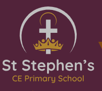 logo with name in white and gold beneath gold crown and white cross on purple background