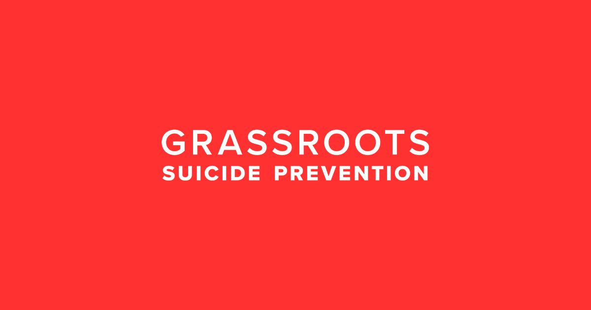 a red background overlayed with a white grassroots suicide prevention logo