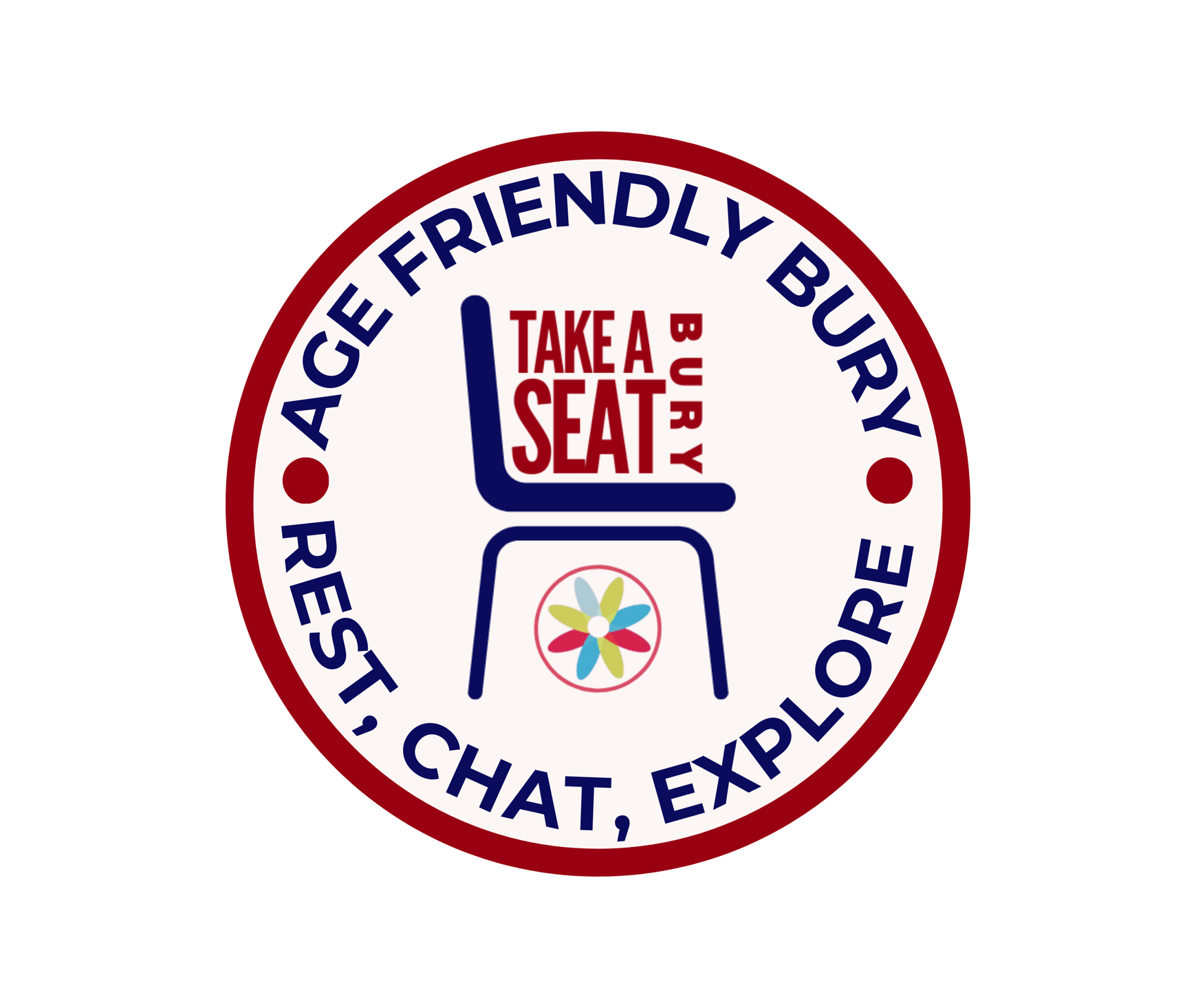 an image of a chair with the words take a seat bury on top. The words age friendly bury, rest, chat, explore form a circle around the logo