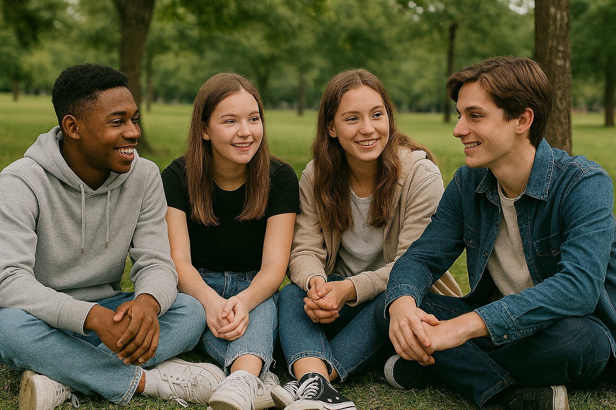 group of teens sat in a park talking 