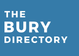 text logo for the bury directory in white on blue background