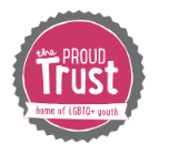 text logo of the 'The proud trust' in white on red round background with grey around the edges