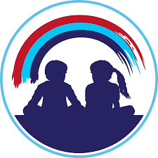 Unsworth primary logo comprising of silhouette of 2 people sat underneath rainbow within a circle
