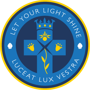 Bury Church school logo incorporating blue cross and circle with Let your light shine in white