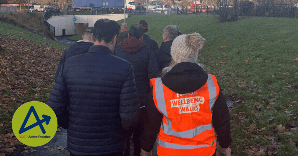 a group of people walking towards a subway with the active practice logo displayed in the bottom left corner