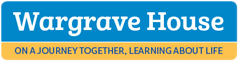 text logo of wargrave house in white on blue background
