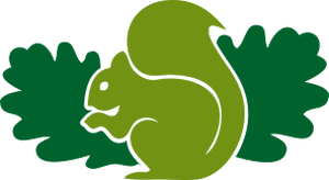 Woodbank Primary school logo of a green squirrel in front of a leaf with a white background